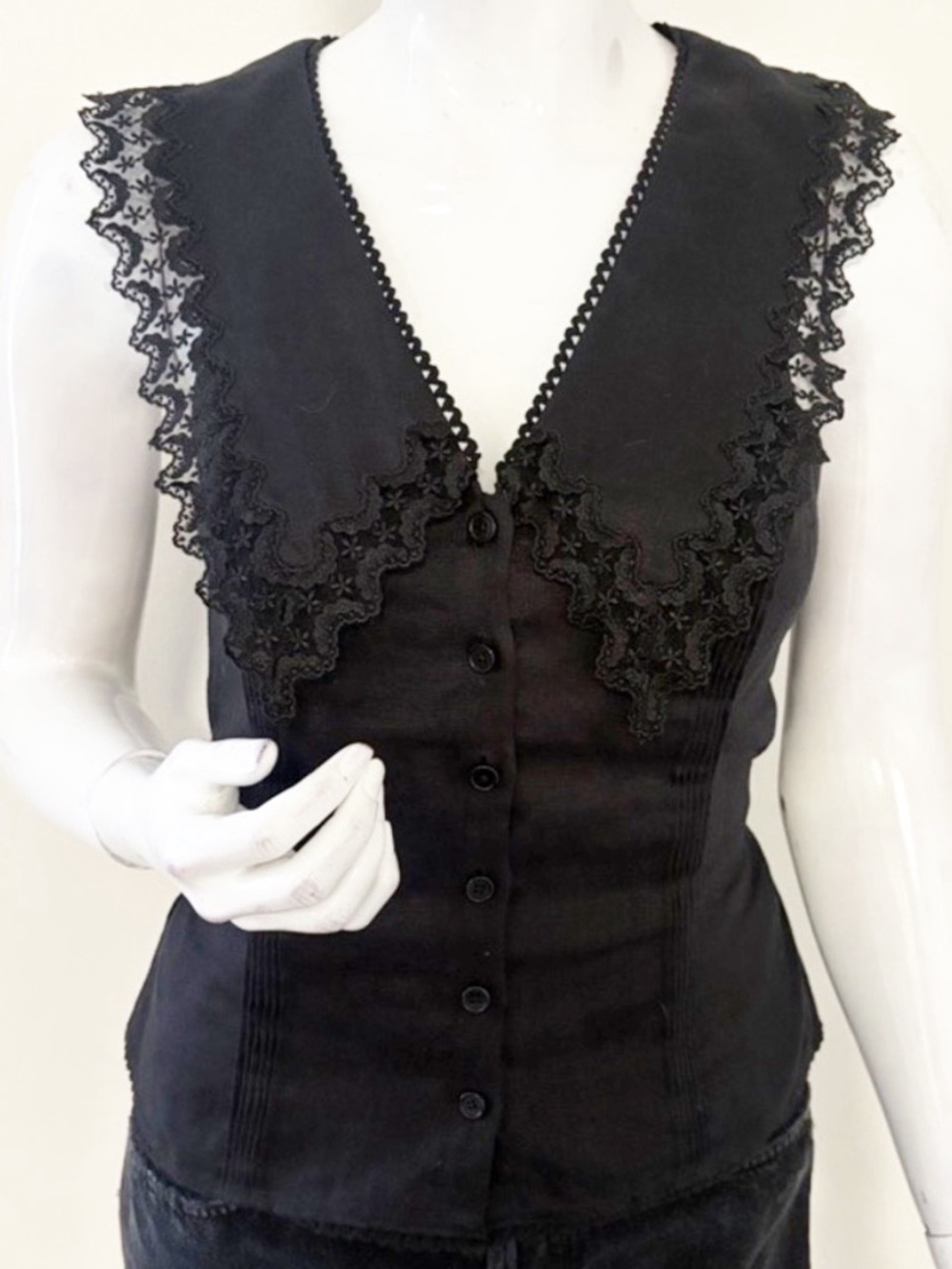 Reformation Melodie Linen Tie Back Sleeveless Top w Oversize Collar & Lace Trim